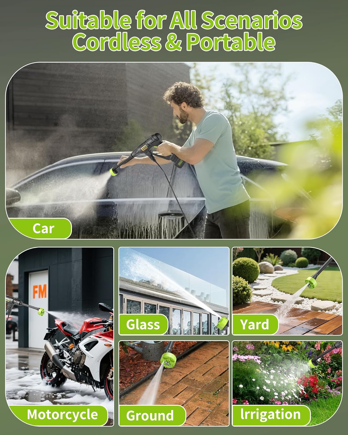 Powerful Cordless Pressure Washer - 990PSI Portable Handheld Cleaner with 6-in-1 Nozzle, 23FT Hose, 21V Battery & Charger for Home, Car, and Garden