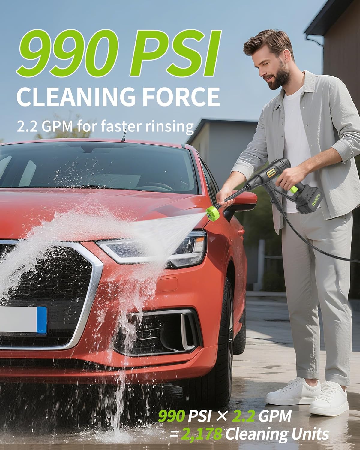 Powerful Cordless Pressure Washer - 990PSI Portable Handheld Cleaner with 6-in-1 Nozzle, 23FT Hose, 21V Battery & Charger for Home, Car, and Garden