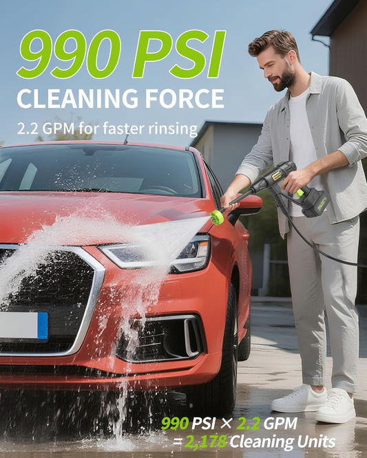 Powerful Cordless Pressure Washer - 990PSI Portable Handheld Cleaner with 6-in-1 Nozzle, 23FT Hose, 21V Battery & Charger for Home, Car, and Garden